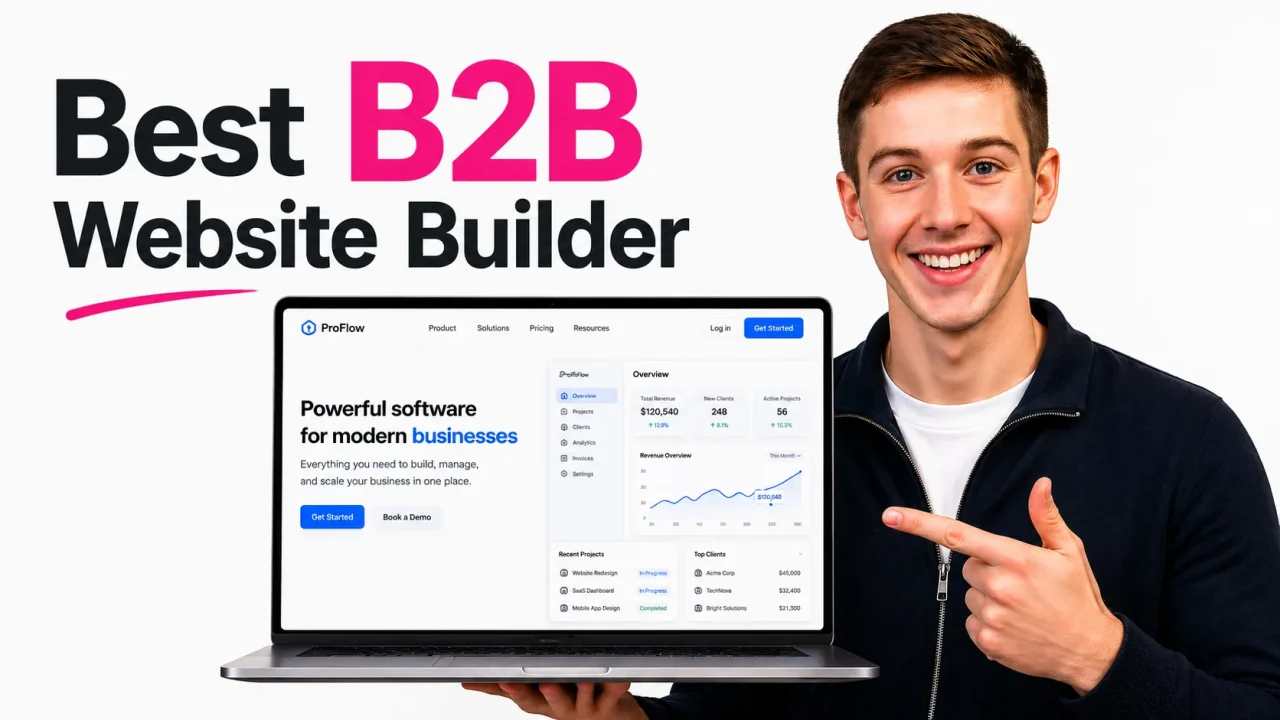 Smiling person promoting website builder