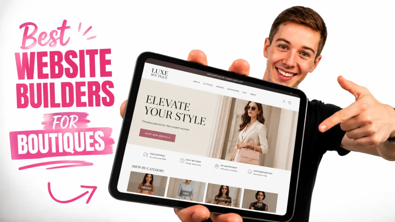 A Smiling men showing a beautiful boutique website build by a boutique website builder AI.