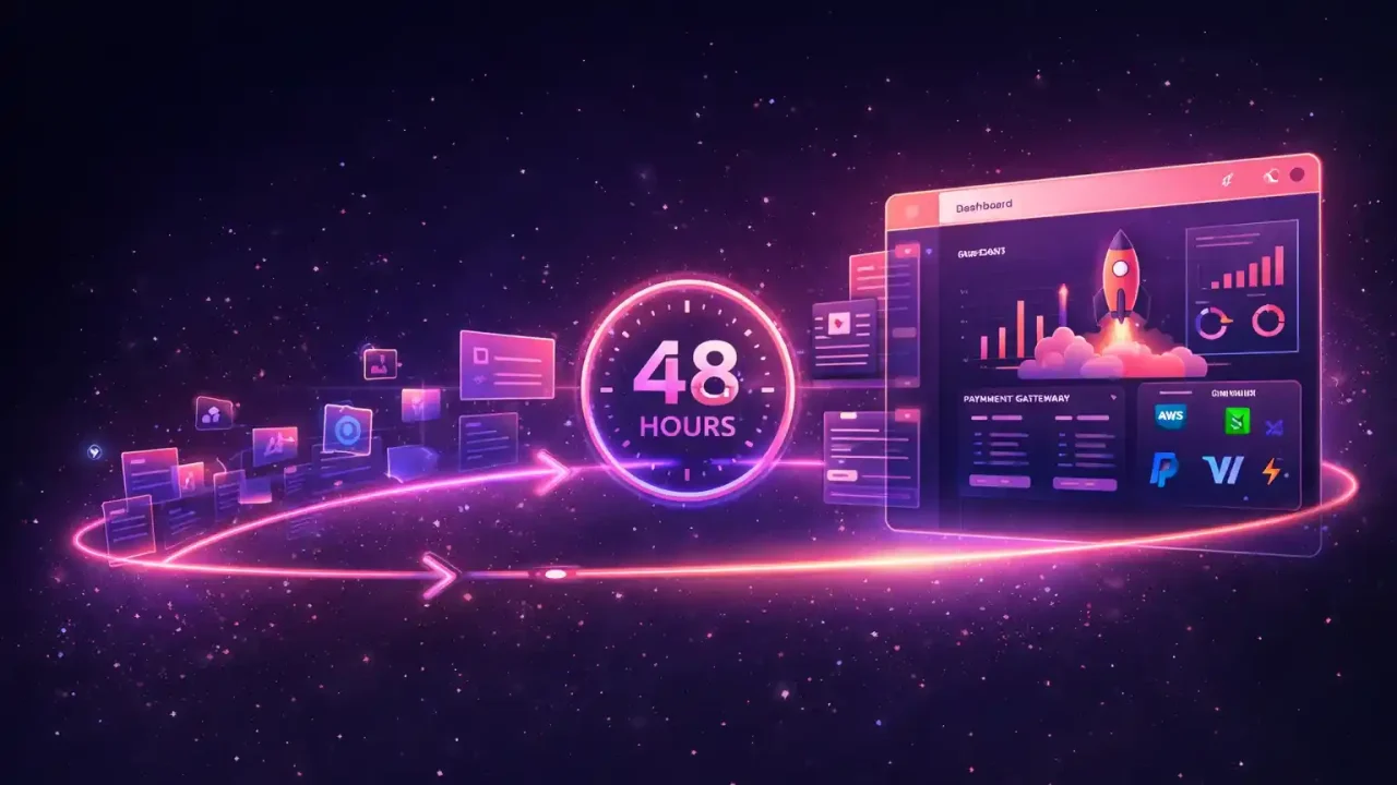 Illustration showing a 48-hour timeline for building a Micro-SaaS from idea to launch using rapid development tools