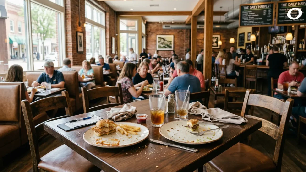 Busy restaurant interior showing patrons dining and a foreground table with leftover food and drinks.