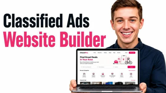 a men with smiling face showing a classified ads website.