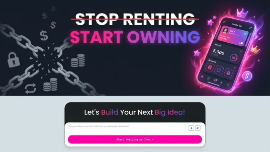 Call to action encouraging businesses to create a loyalty app without paying ongoing SaaS subscription fees