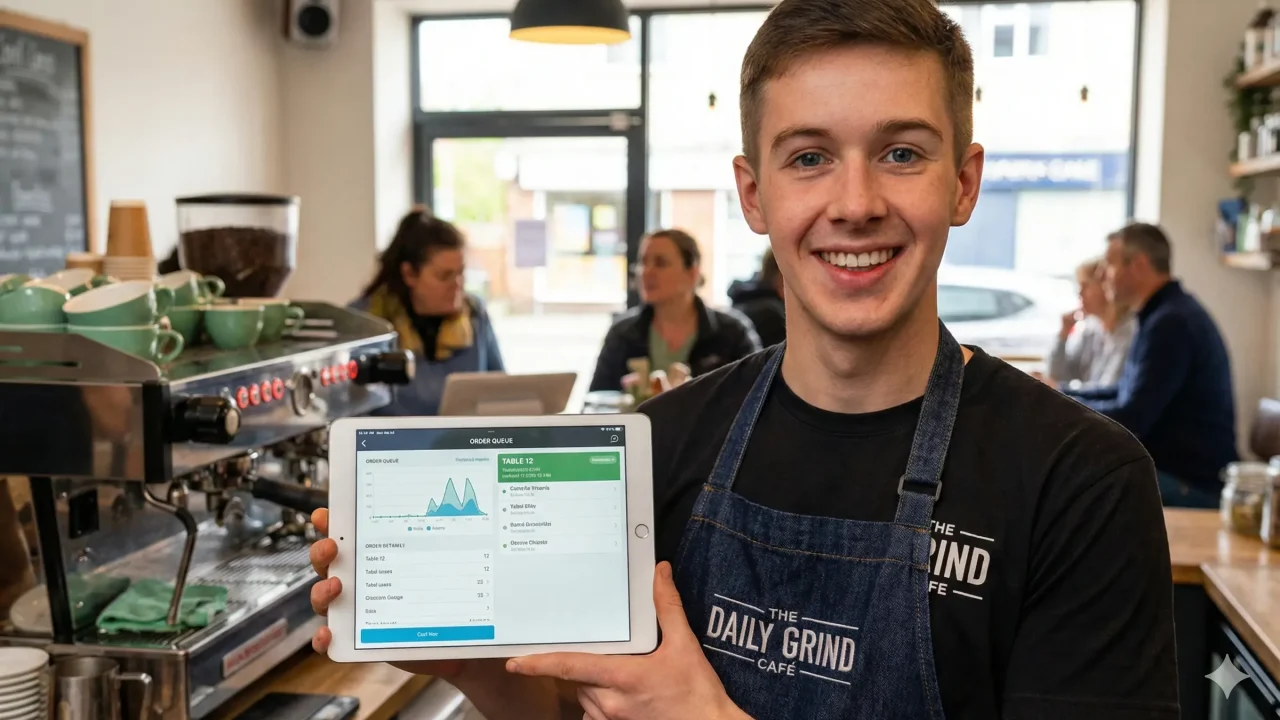 a cafe owner showing their Custom Ordering and Management Systems app For Cafes in his laptop.