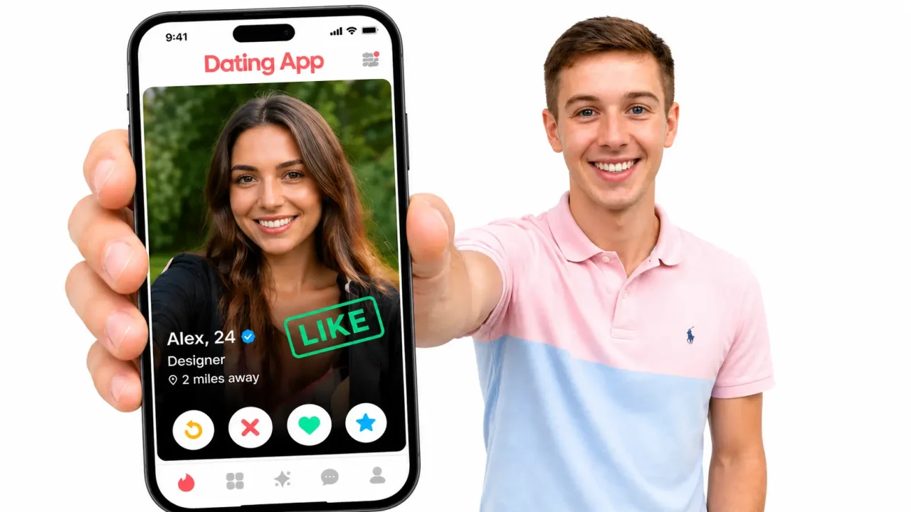 Young man holding dating app phone