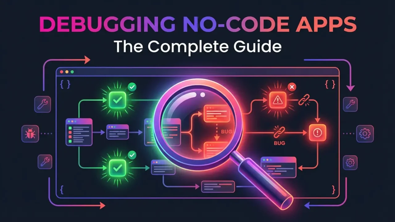 Guide cover image: Debugging No-Code Apps. A magnifying glass highlights a complex workflow showing data flow, bugs, errors, and logic nodes in a no-code application.