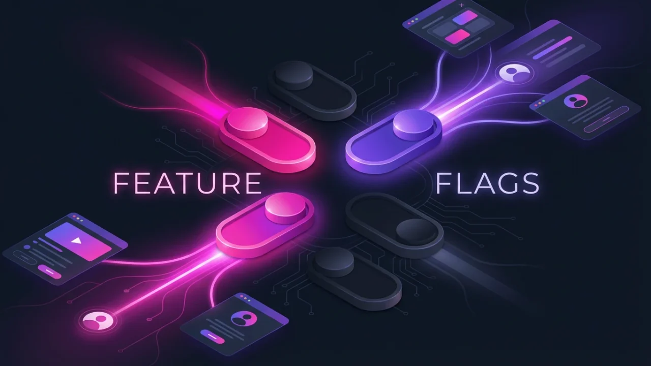 Feature flags illustrated as glowing toggle switches routing traffic to different UI states