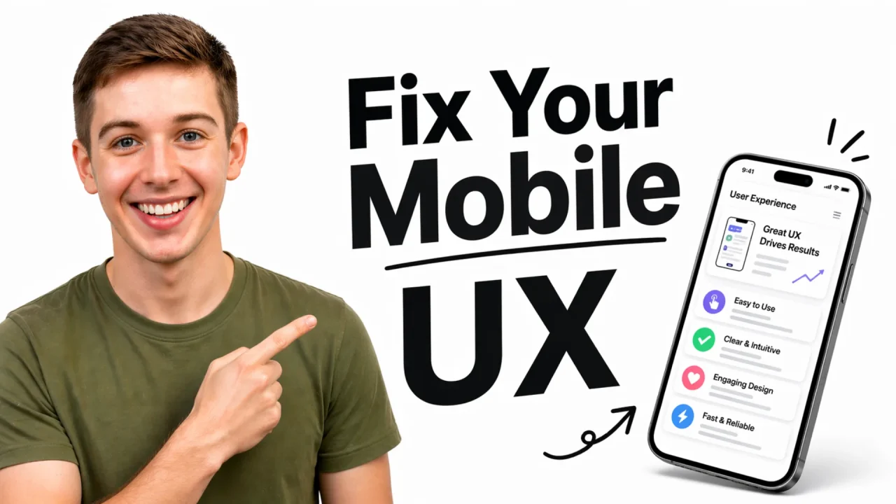 Smiling man in green shirt pointing at mobile UX design thumbnail on white.