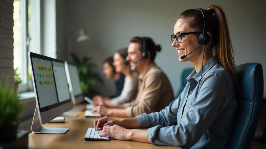 Customer service representatives wearing headsets sit at a row of computers in a well-lit office, typing and speaking with clients.