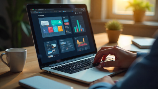 A person working on a laptop at a wooden desk in a bright room, with website or dashboard design elements visible on the screen. A coffee mug, notebook and small plant sit nearby.