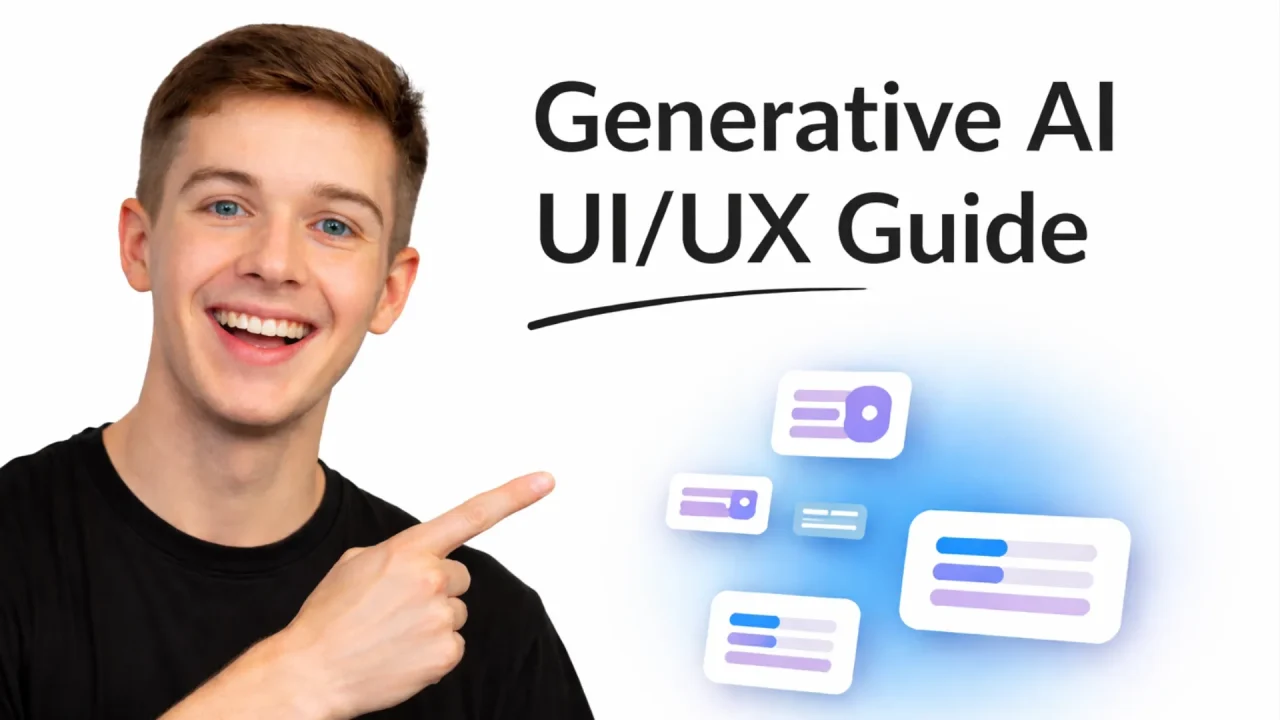Smiling man pointing beside Generative AI UI UX guide graphics display.