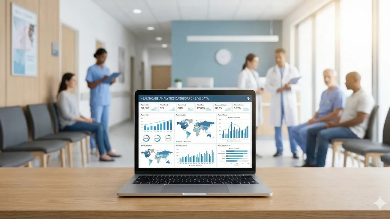healthcare analytics dashboard on a laptop