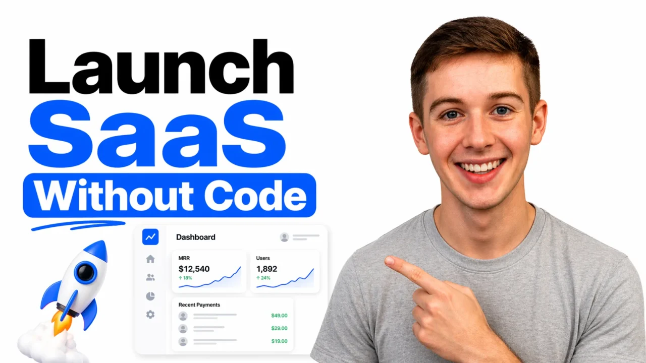 Young man in grey shirt promoting no-code SaaS launch on white background.