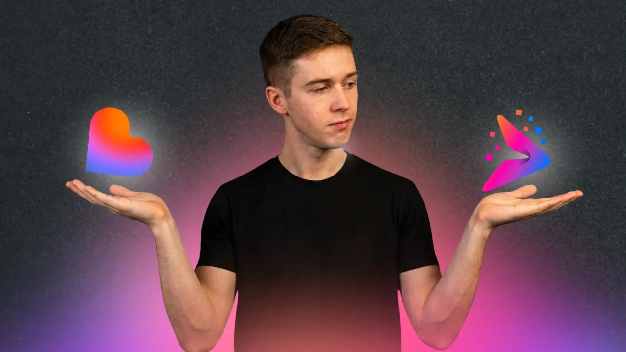 Man comparing lovable and imagine bo ai tool logo held in his hands.