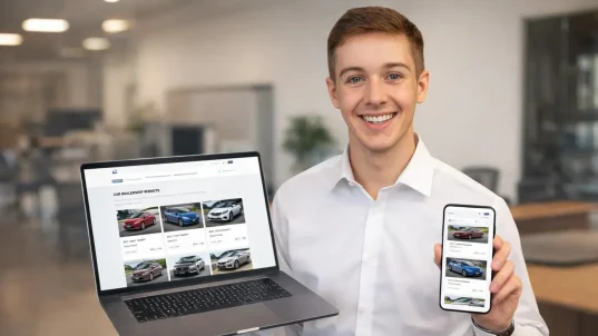 Man holding a laptop and smartphone showing a car dealership website design.