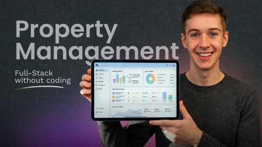 man holding a tablet showing a property management dashboard for full stack no code development