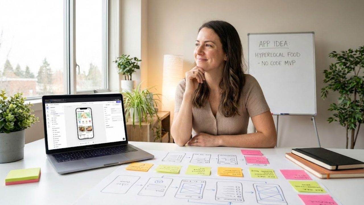 A woman sits at a desk with wireframes, sticky notes, and a laptop showing a no-code app builder, planning a tech startup idea.