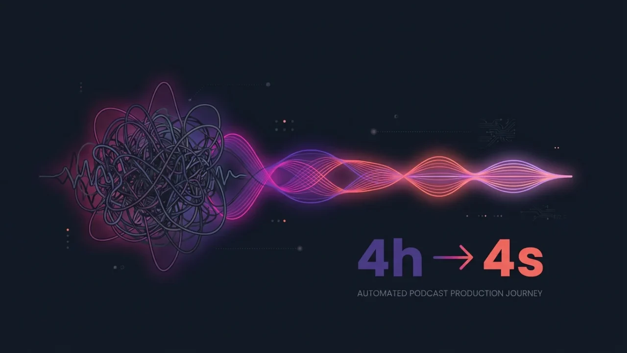 Podcast automation illustration showing manual editing reduced from four hours to four seconds using AI audio summarization.