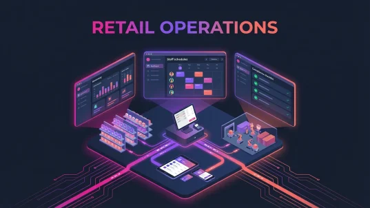 Centralized retail operations interface displaying staff schedules, inventory analytics, compliance checklists, store shelves, POS system, and warehouse automation.