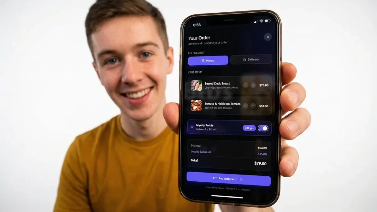 Smiling man holding a smartphone displaying a food ordering app's checkout order summary screen.