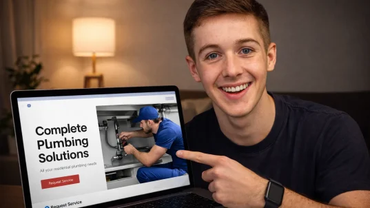 Man promoting plumbing services on laptop.