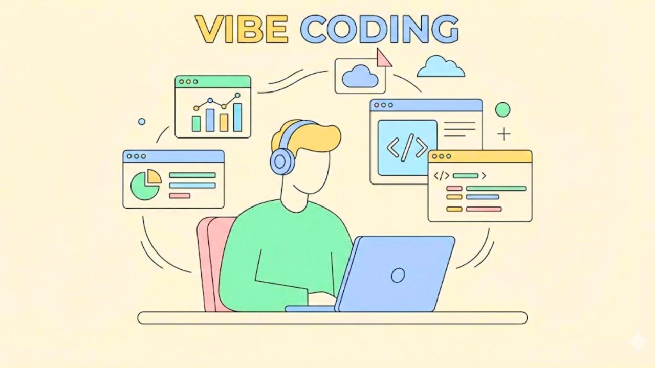 Vibe Coding illustration showing a developer effortlessly creating dashboards, code, and cloud tools using AI on a laptop.
