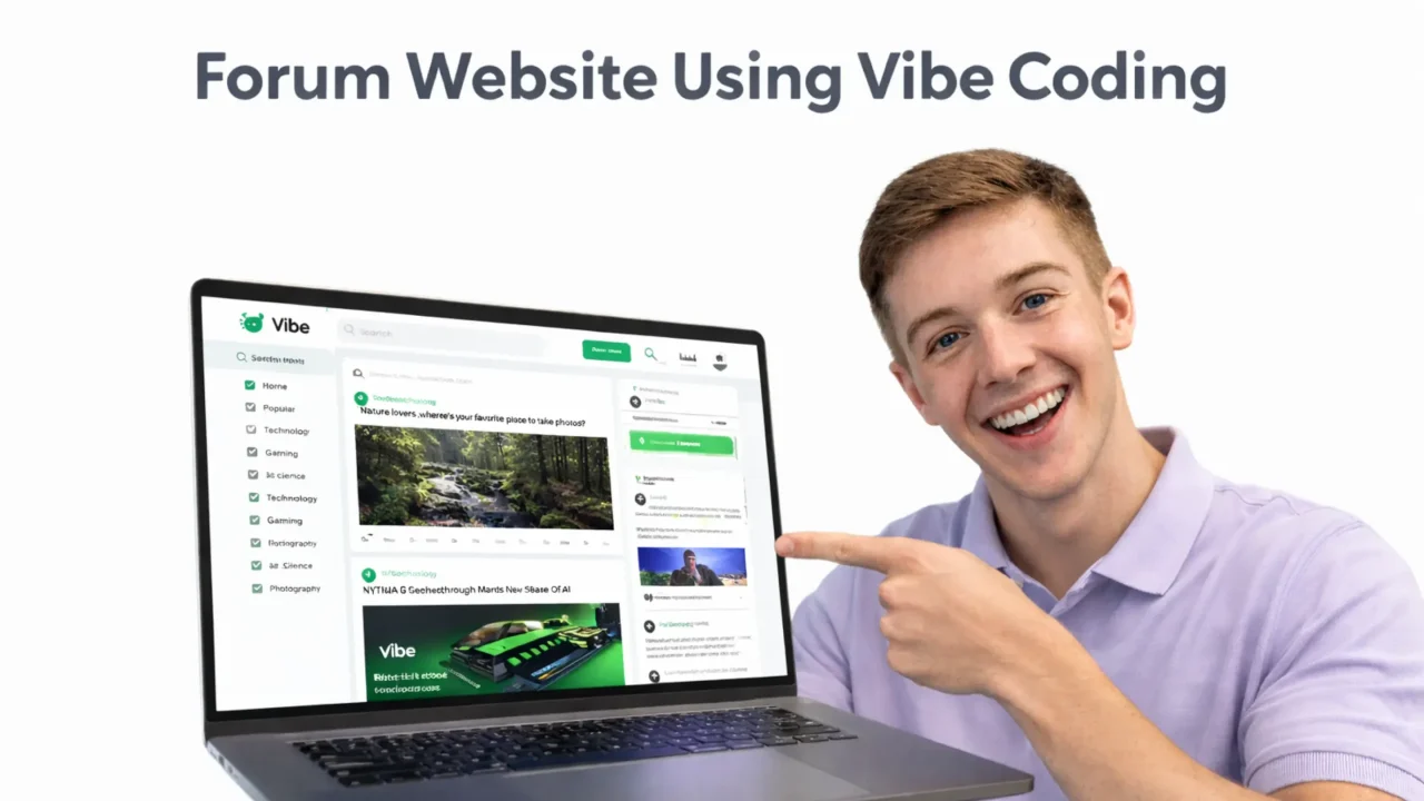 Smiling man in a lavender polo pointing at a laptop displaying a clean white and green forum website interface with the title “Forum Website Using Vibe Coding”